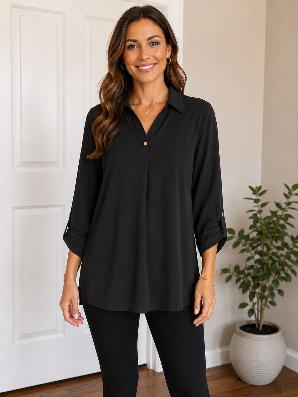Anne Klein Black Collared Long Sleeve Tunic
